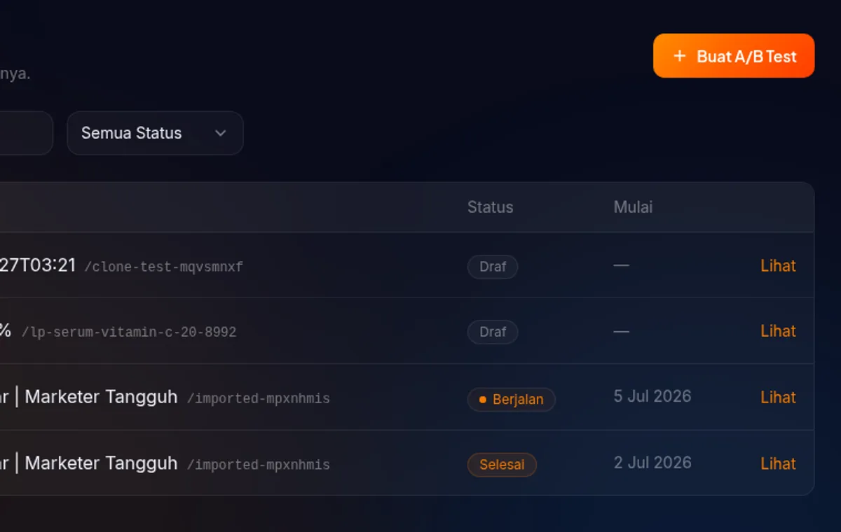 dialog "Buat A/B Test" langkah 2 di /ab-tests — field nama test terisi, slider pembagian traffic menunjukkan Varian A 50% dan Varian B 50%