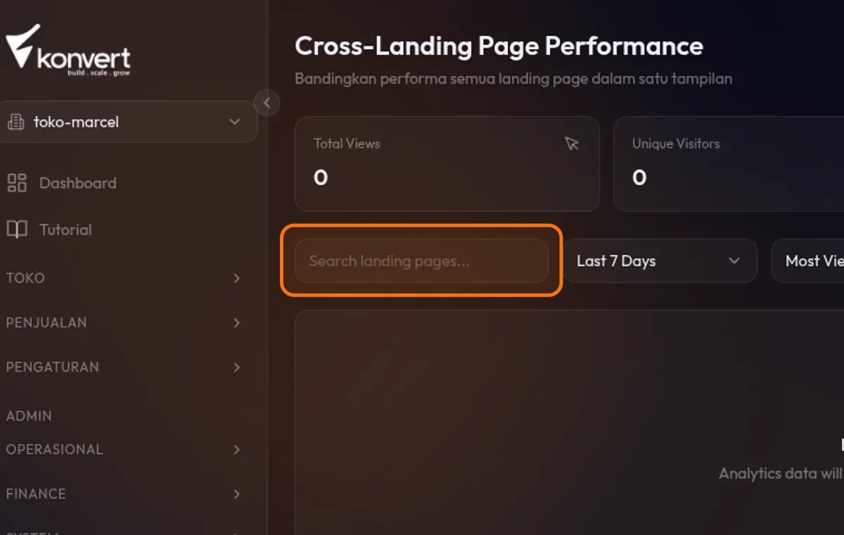 area filter di /analytics/pages — search input, dropdown Date Range, dan dropdown Sort By