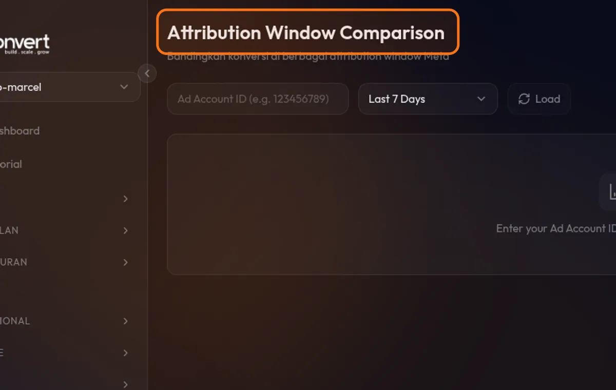 halaman /analytics/attribution — tabel dengan kolom-kolom window atribusi, baris per kampanye