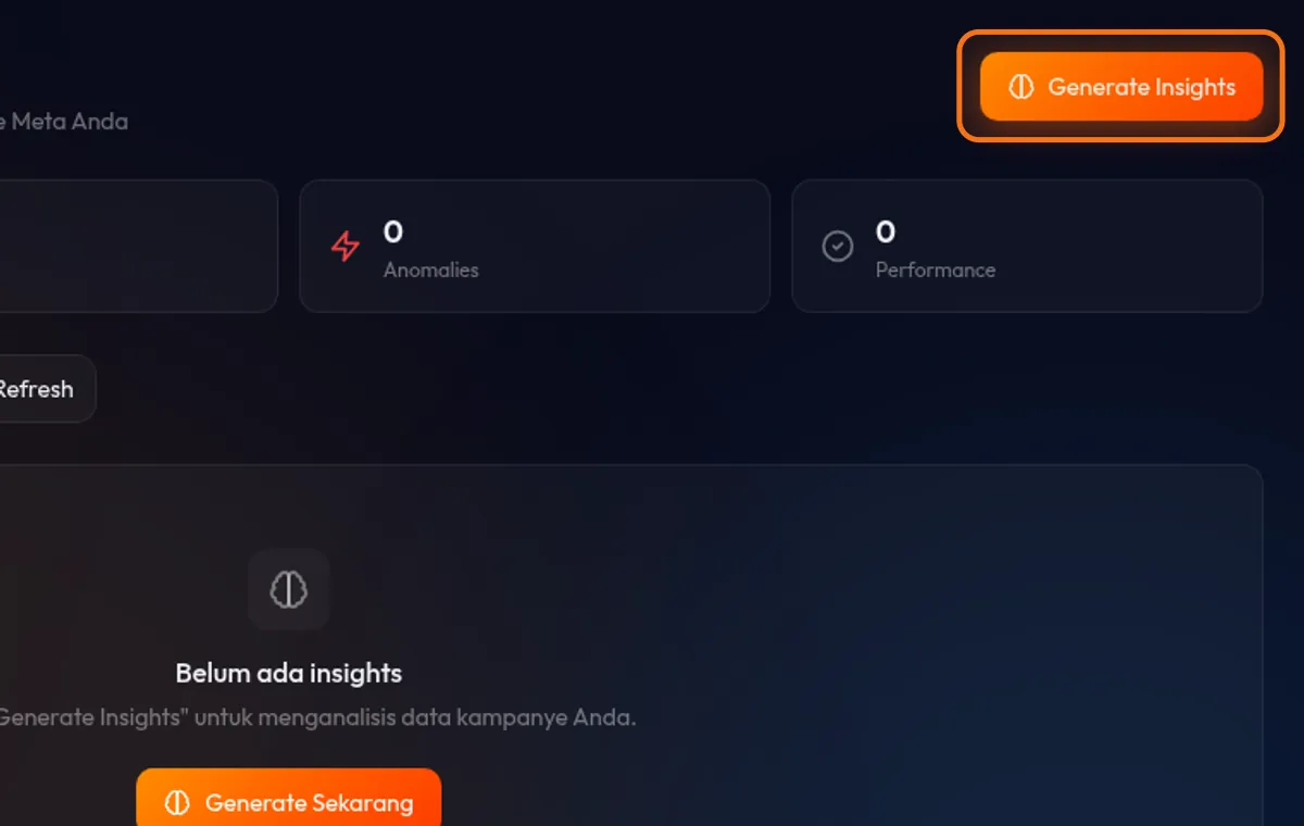 halaman /analytics/insights — 4 summary cards di atas, daftar insight cards di bawah