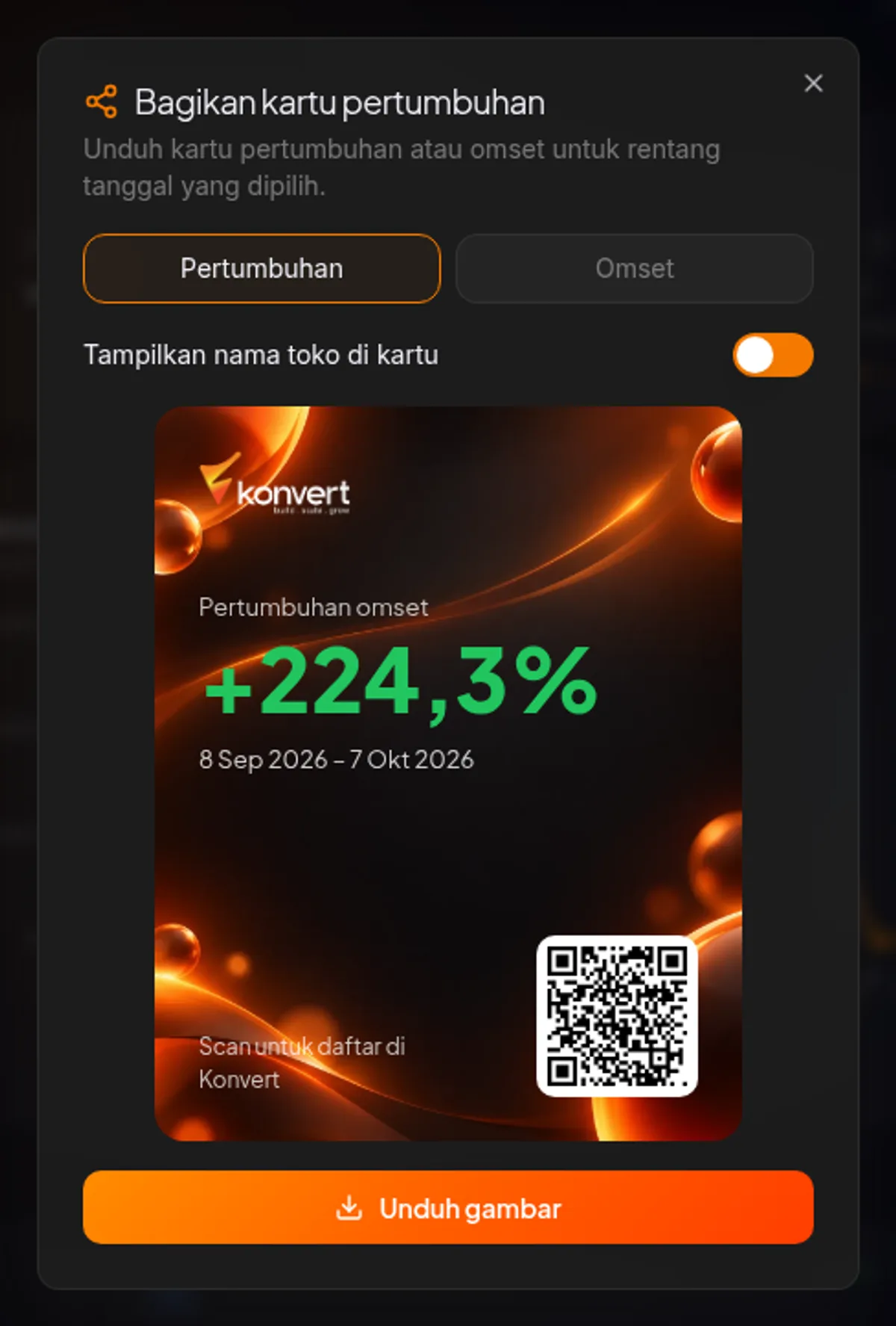 Jendela Bagikan kartu pertumbuhan dengan dua pilihan tampilan