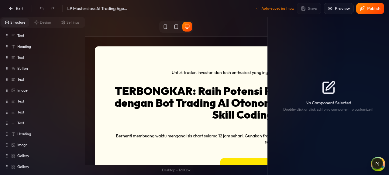 builder terbuka dengan landing page hasil AI — konten sudah terisi di komponen-komponen template, panel kiri menampilkan pohon Structure dengan berbagai komponen