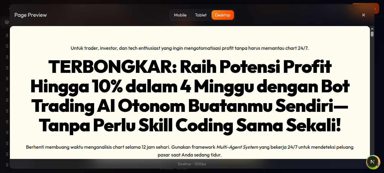 halaman landing page yang sudah dipublish terbuka di browser, menampilkan konten hasil AI yang sudah ditempel ke template desain