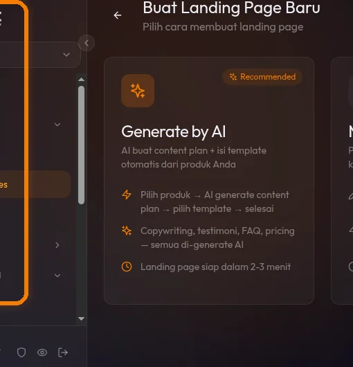 halaman landing pages new dua pilihan mulai dari blank dan buat dengan ai