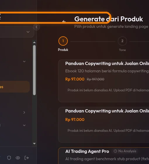 halaman Step 1 Pilih Produk — grid kartu produk, badge hijau AI Analyzed