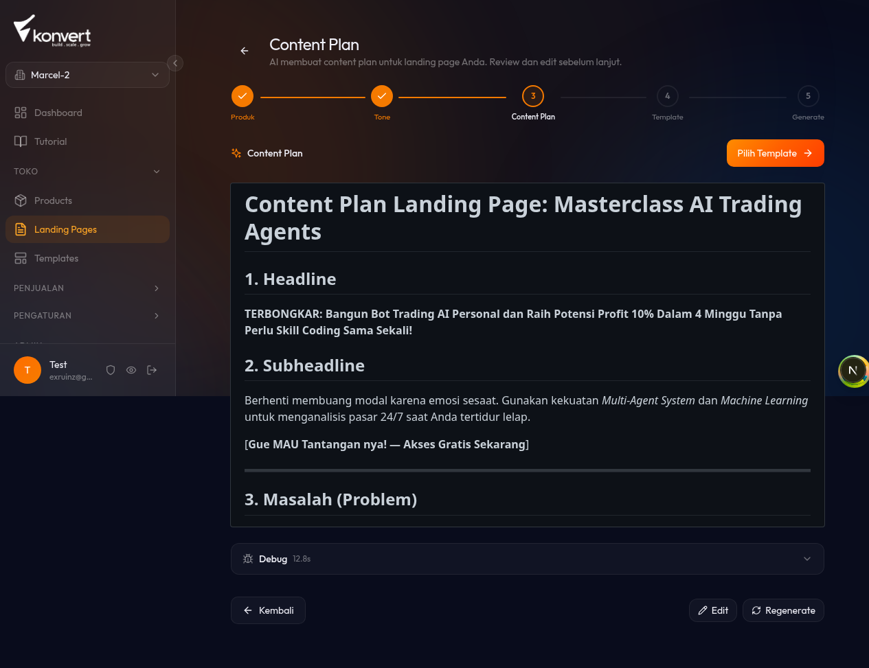 halaman Step 3 "Content Plan" dengan teks Markdown yang sudah selesai di-generate, mode Edit aktif, teks menampilkan struktur dengan heading-heading seperti "## Headline", "## Pain Points", dll.