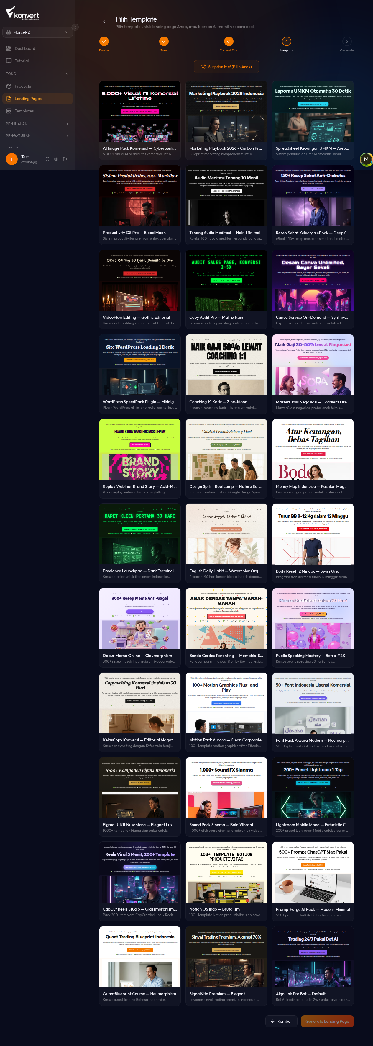 halaman Step 4 "Pilih Template" menampilkan grid template dengan preview mini, tombol "Surprise Me!" terlihat di kiri atas, salah satu template dalam kondisi dipilih (border berwarna)