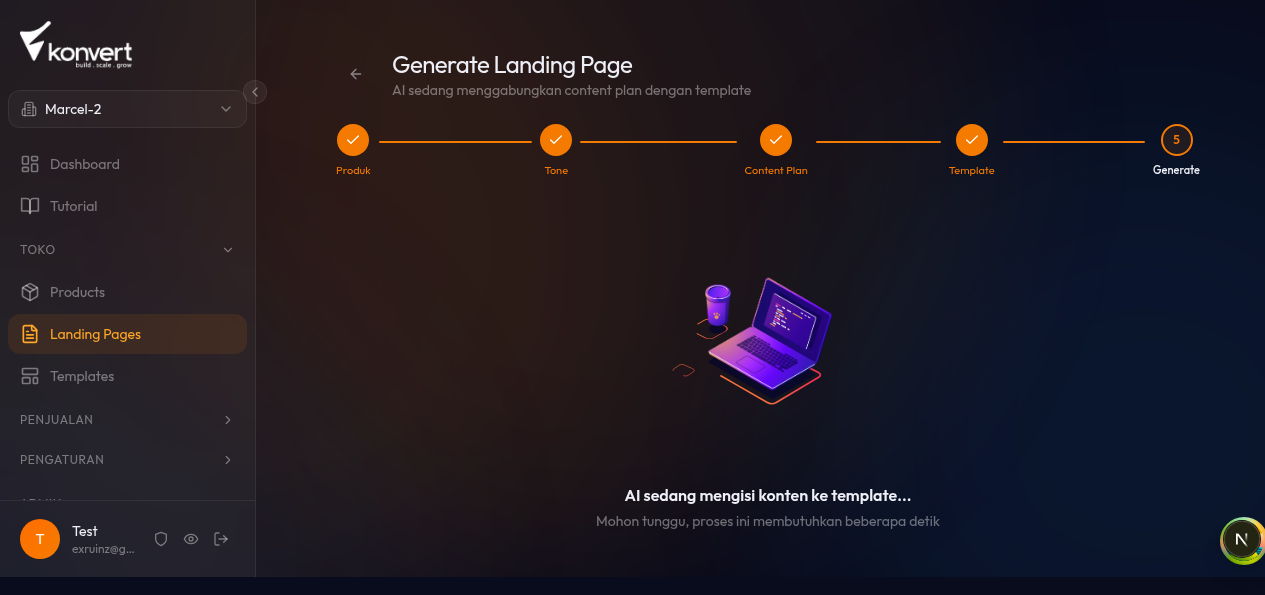 halaman Step 5 "Generate" dengan animasi Lottie dan pesan progres terkini ("Menyesuaikan copy dengan template…") terlihat di tengah layar