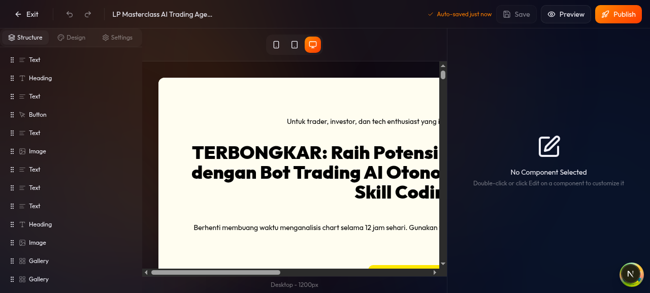 toolbar builder dengan tombol Publish berwarna oranye, indikator "Auto-saved" hijau terlihat