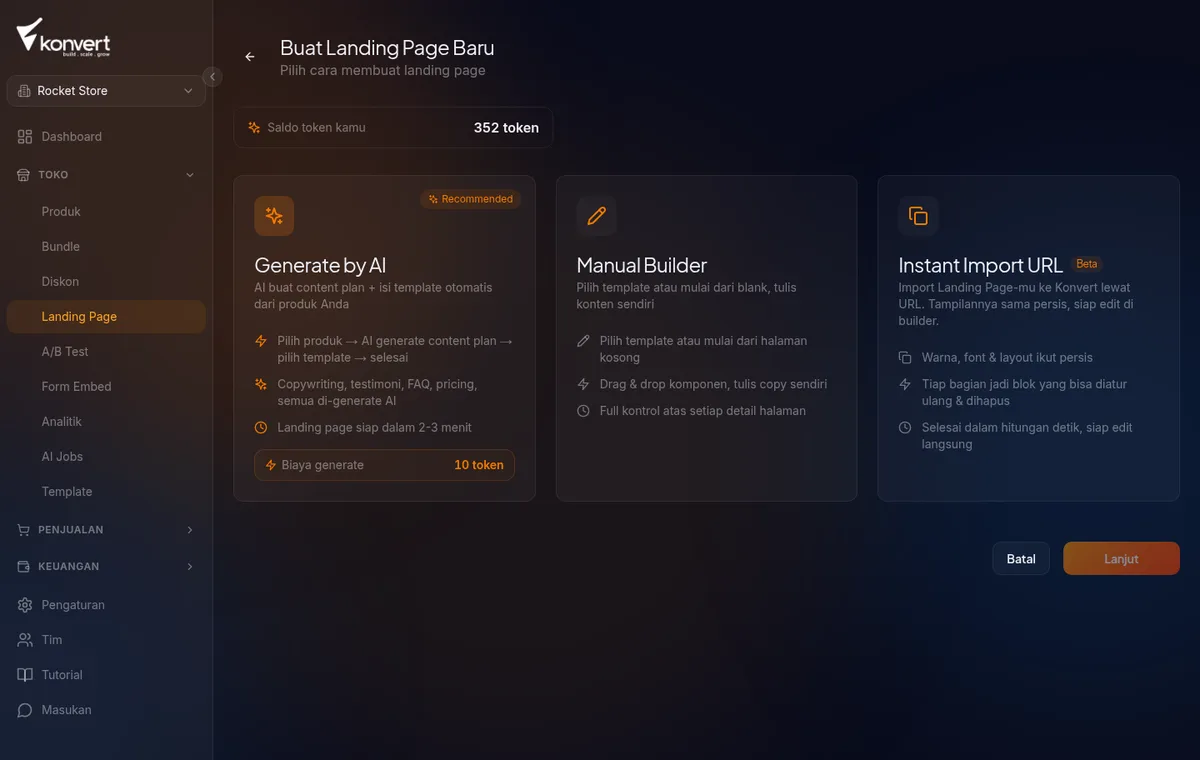 Pilih cara buat landing page: Generate by AI, Manual Builder, atau Instant Import URL