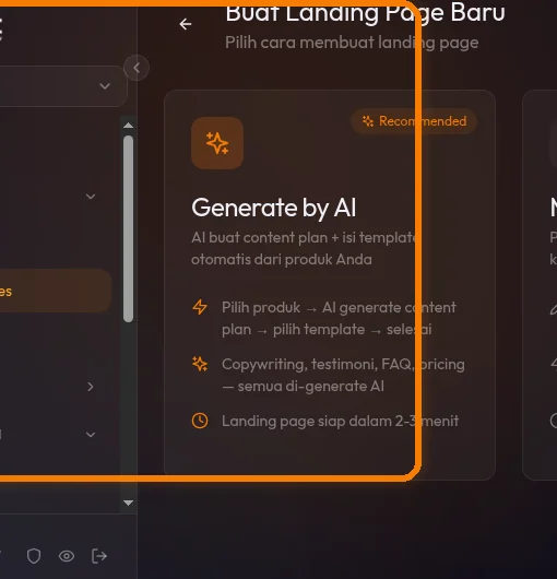 dialog buat landing page — 3 opsi: blank, pilih template, buat dengan AI