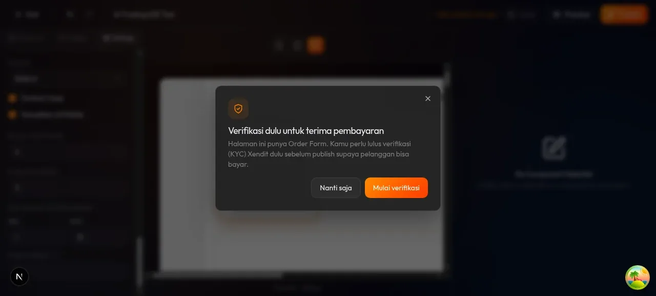dialog konfirmasi Publish — menampilkan URL live LP dan tombol "Publish Sekarang" oranye