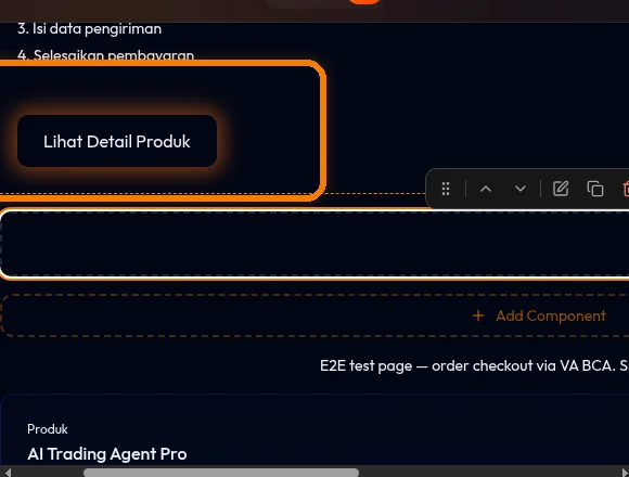 kanvas builder beberapa komponen — selection box biru di sekeliling Heading