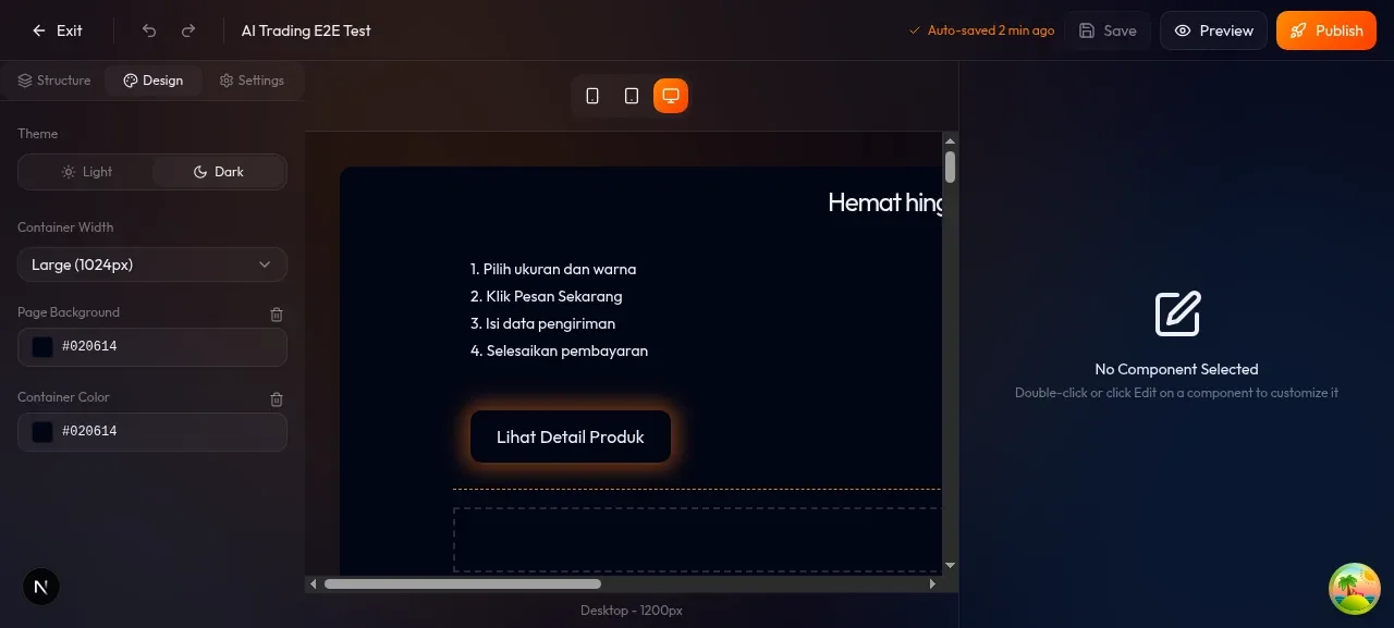 kanvas builder dengan Heading baru ditambahkan — selected (border biru), teks default "Your Heading Here"