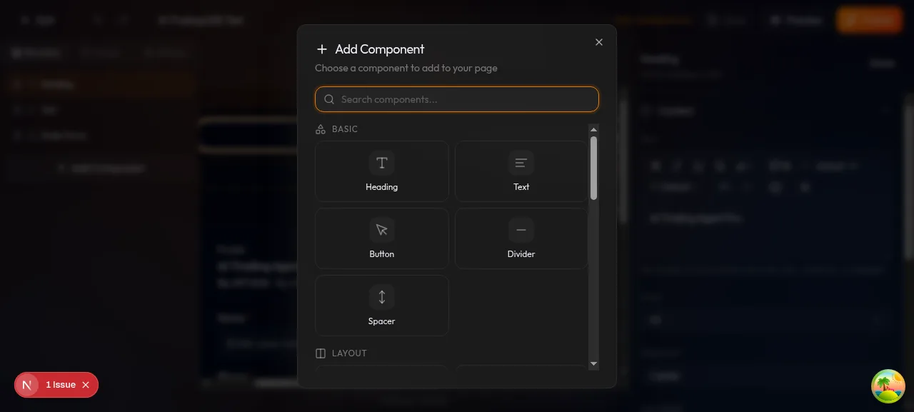 Panel kiri tab Components di builder