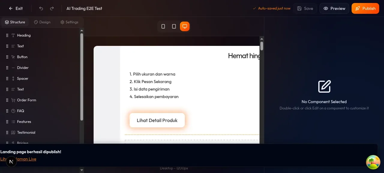 toast notifikasi sukses "Landing page berhasil dipublish" di pojok kanan atas, ada link "Lihat Halaman Live"