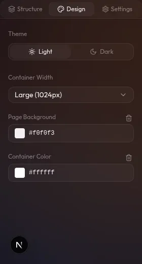 5 color token swatches di Design tab — masing-masing dengan color picker, contoh primary color oranye #f57c00