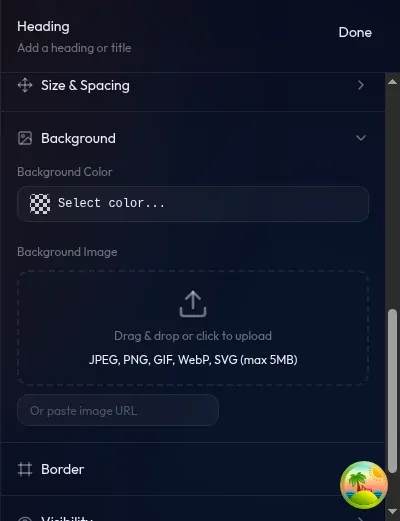 Background Image settings dengan gambar hero sudah diupload, Overlay warna hitam opacity 40%