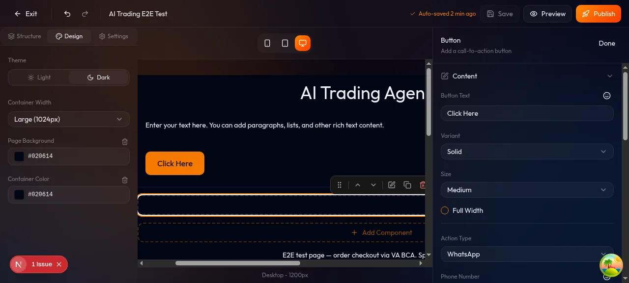 Toggle device di toolbar builder — Desktop, Tablet, Mobile