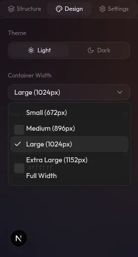 dropdown Container Width di Design tab — opsi: sm (640px), md (768px), lg (1024px), xl (1280px), full (100%)