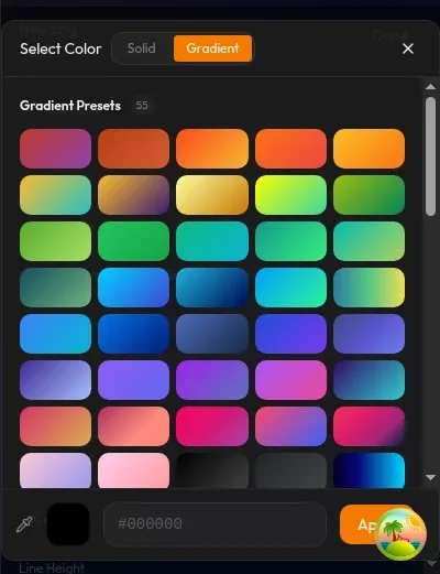 Gradient editor dengan direction 135°, warna dari oranye ke merah muda