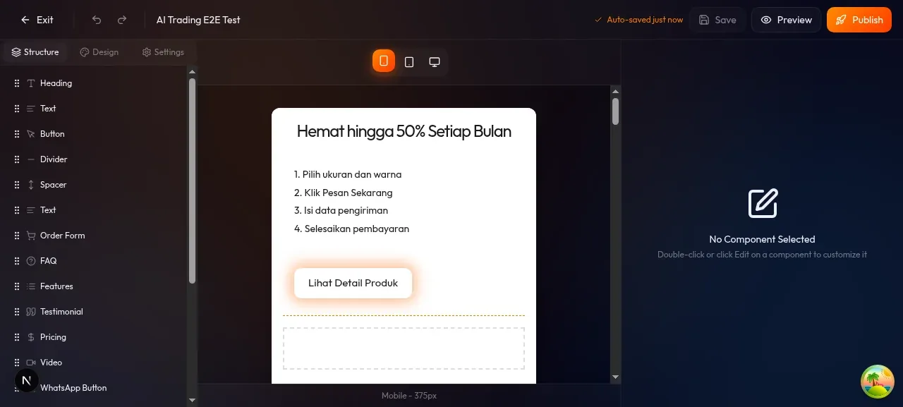 kanvas mobile view menampilkan hero dengan gambar di atas dan text+CTA di bawah — berbeda dari desktop view