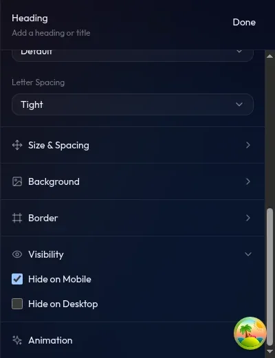 komponen Image dengan toggle "Sembunyikan di Mobile" aktif — ikon mata dicoret di komponen tersebut di kanvas