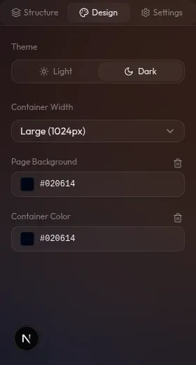 panel kiri tab Design — Theme Mode toggle (Light/Dark/Custom), lalu color tokens, font pair, container width