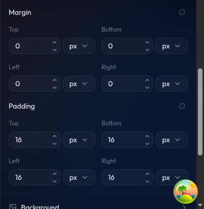 section Spacing tab Style — 4 input margin luar dan 4 input padding dalam