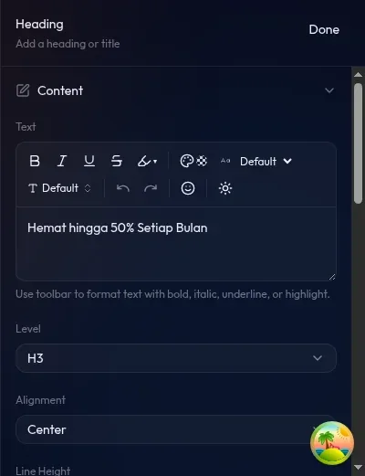 Spacing controls dengan sisi independen terbuka — top: 16px, right: 24px, bottom: 32px, left: 24px