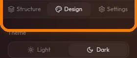toggle Theme Mode tiga opsi — Dark aktif, kanvas berubah ke dark background