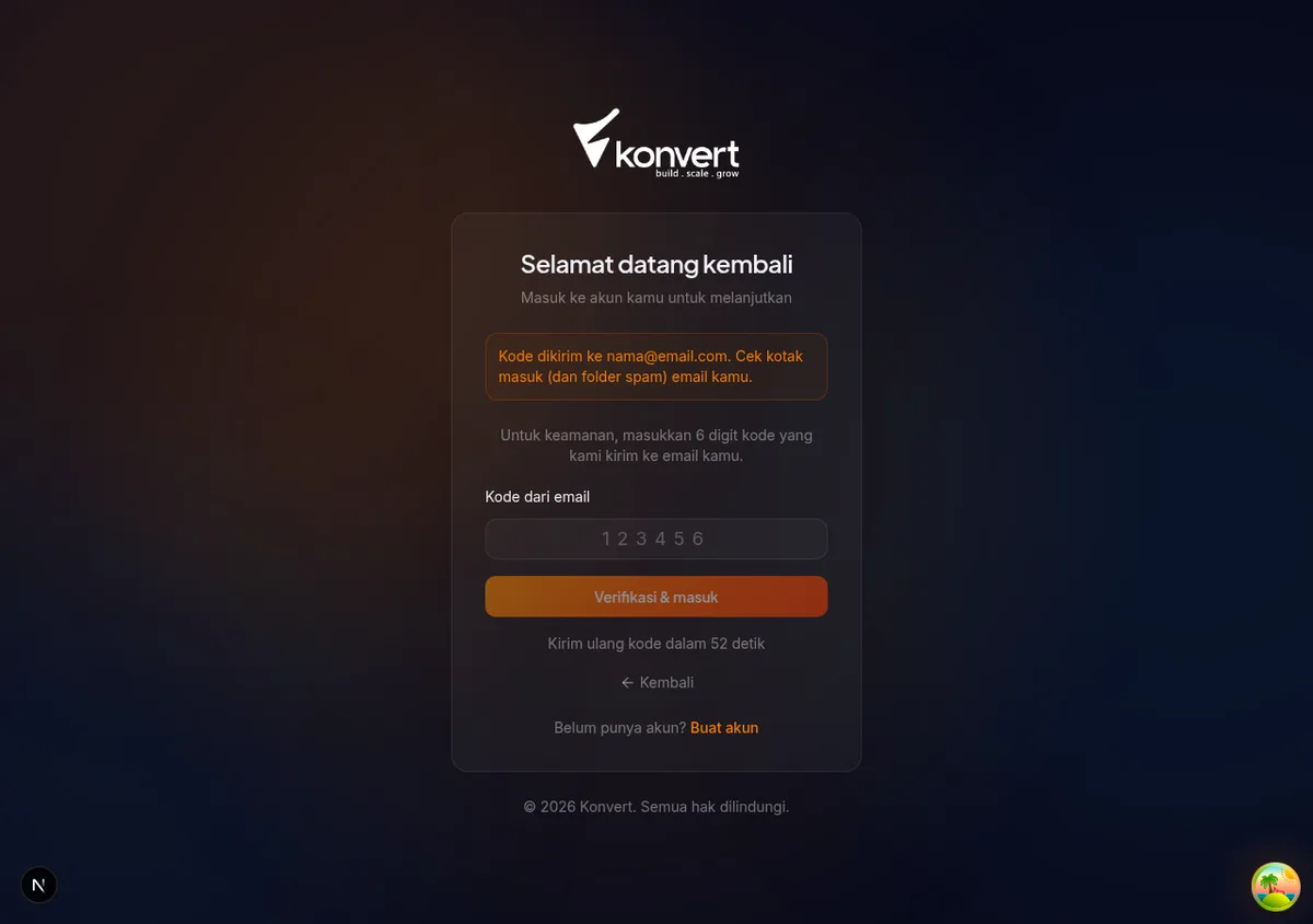 Halaman verifikasi kode 6 digit setelah login