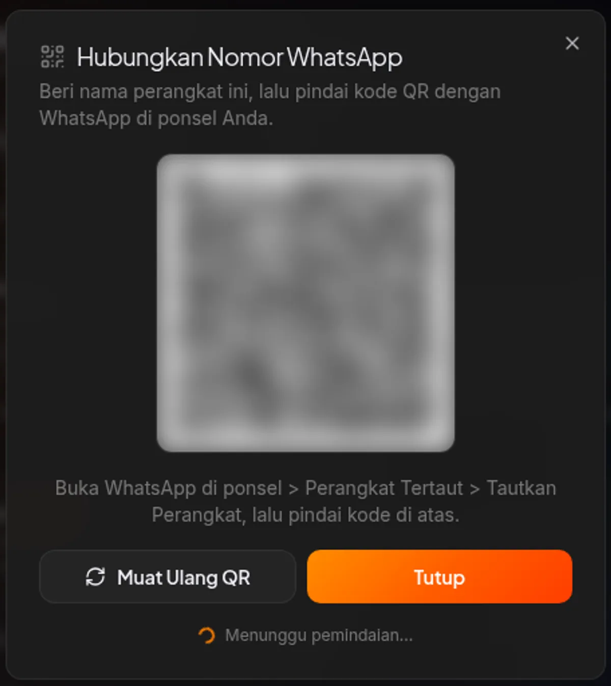 dialog Hubungkan Nomor WhatsApp — kode QR dan tombol Muat Ulang QR