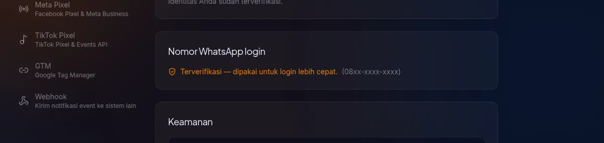 Pengaturan Profil — kartu Nomor WhatsApp login berstatus Terverifikasi