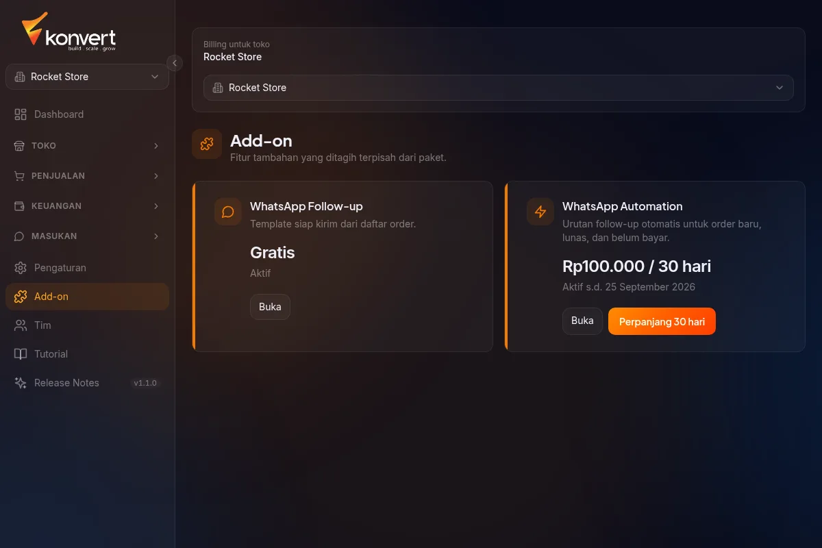 sidebar dengan menu Add-on terpilih