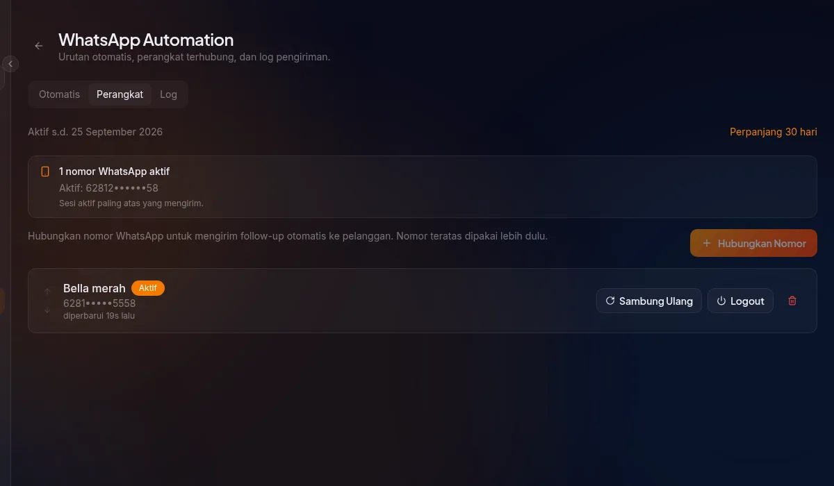 tab Perangkat — banner sesi aktif paling atas, kartu perangkat status Aktif, tombol Hubungkan Nomor