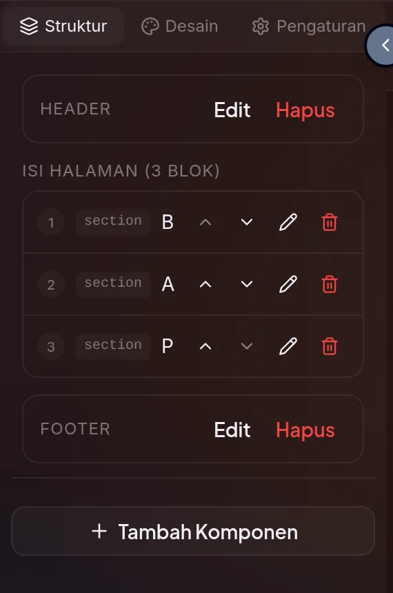tab Struktur di panel kiri untuk halaman hasil import — baris Header, daftar blok Body bernomor, Footer, masing-masing dengan ikon panah atas/bawah, edit (pensil), dan hapus (tempat sampah)