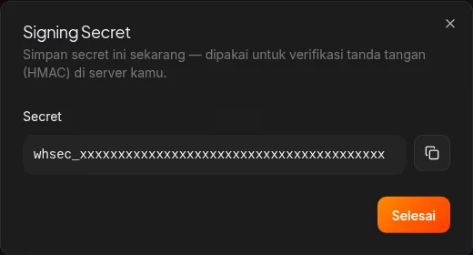 dialog Signing Secret setelah webhook dibuat, dengan tombol copy