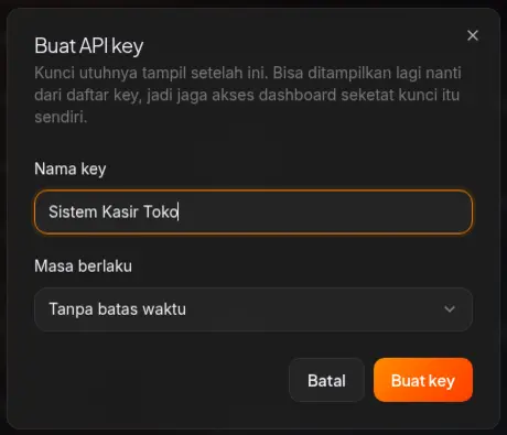 Jendela buat API key dengan kolom nama key dan pilihan masa berlaku