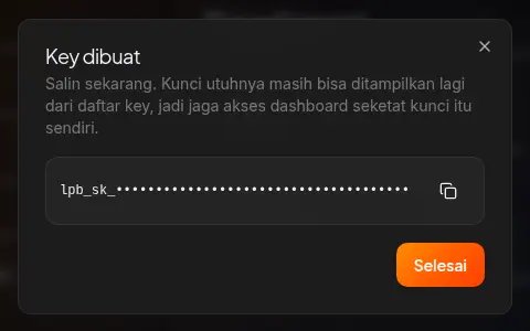 Jendela key dibuat, menampilkan kunci sekali saja sebelum ditutup