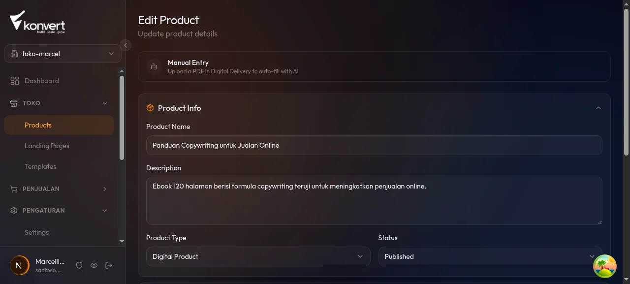 Halaman detail produk digital yang berhasil disimpan