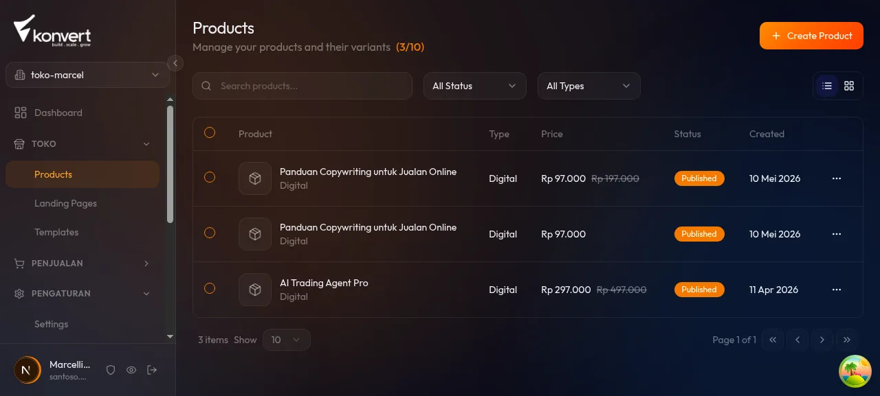Halaman daftar produk digital