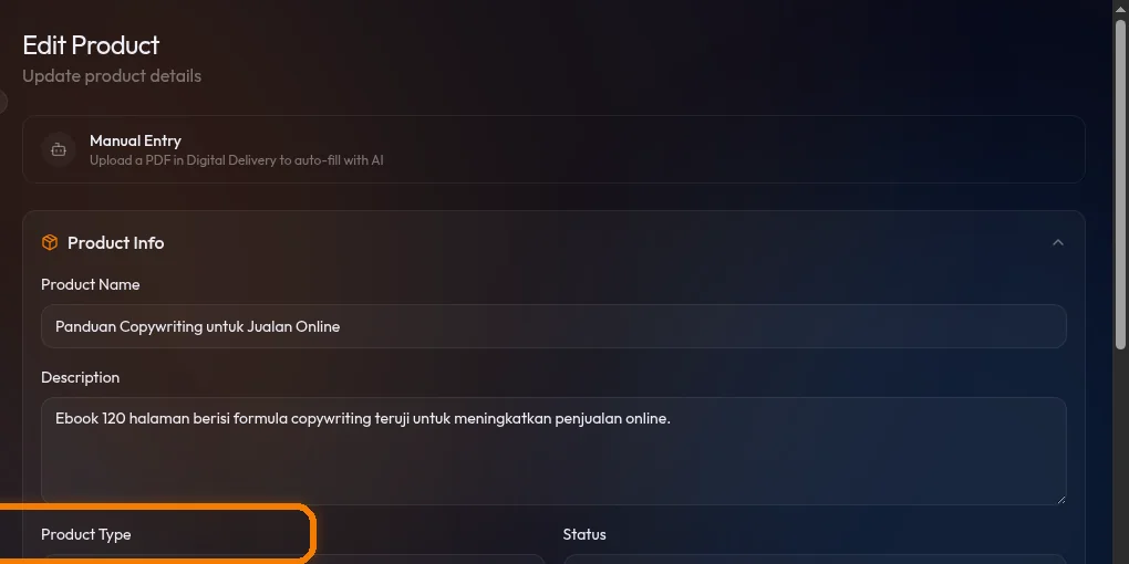 section Product Info — Product Type Digital Product dan Status Published