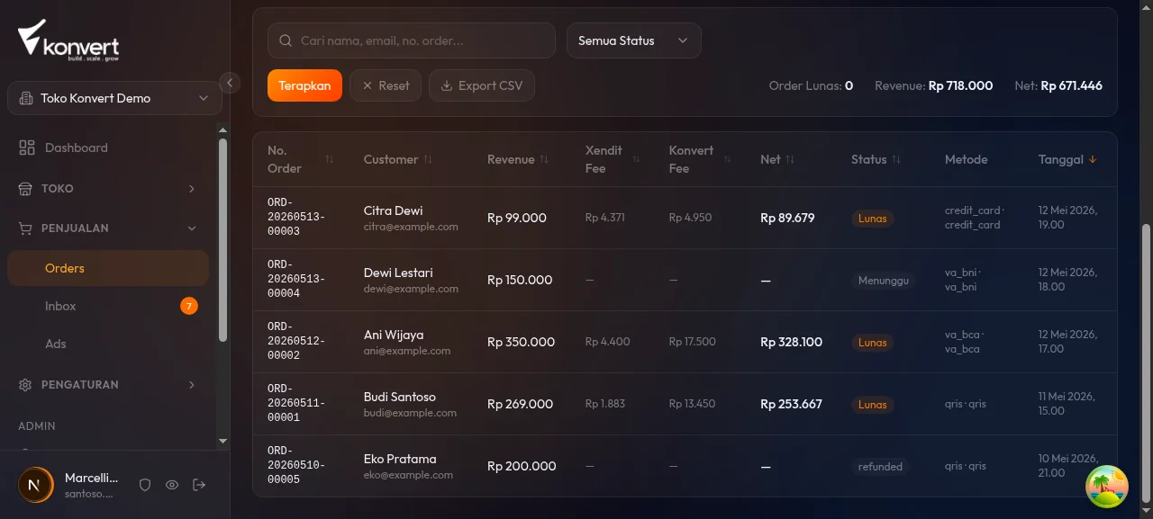 Halaman daftar orders dengan kartu saldo dan tabel order