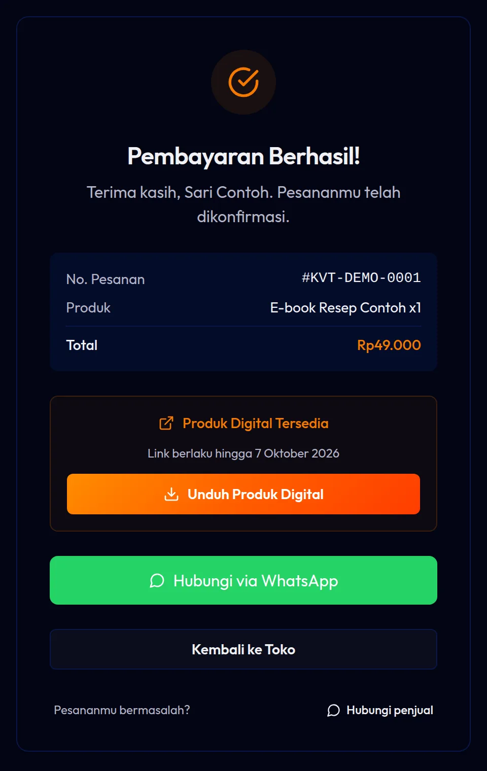 Halaman sukses pembeli: tombol Hubungi penjual dan Pesananmu bermasalah?