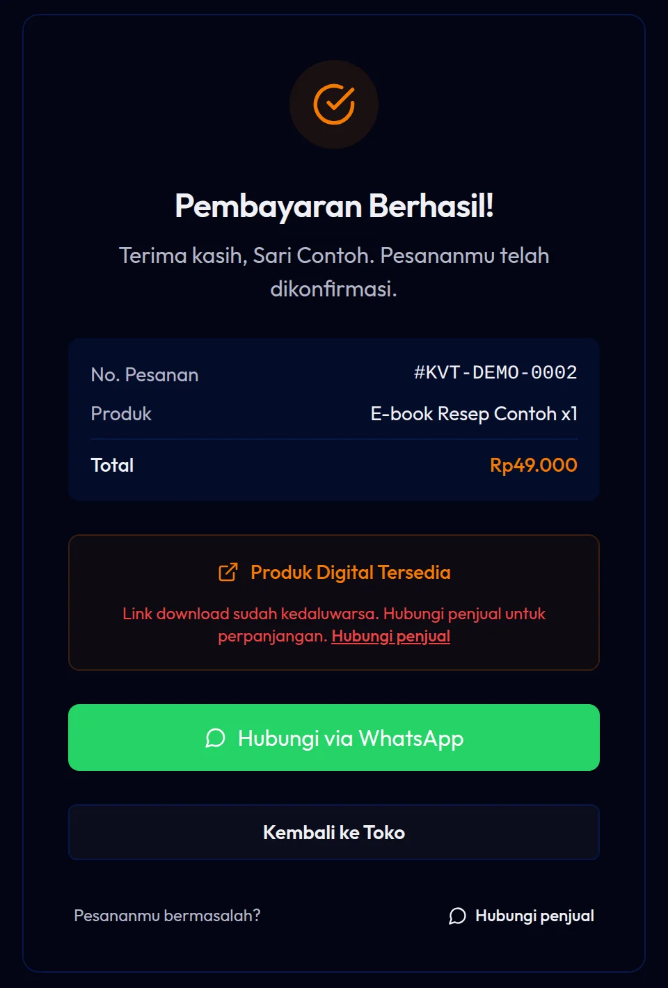 Link download kedaluwarsa dengan tautan Hubungi penjual