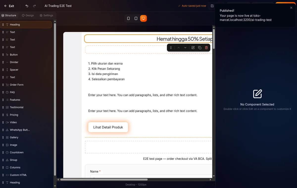 toast sukses publish — Landing page berhasil dipublish dengan link Lihat Halaman Live