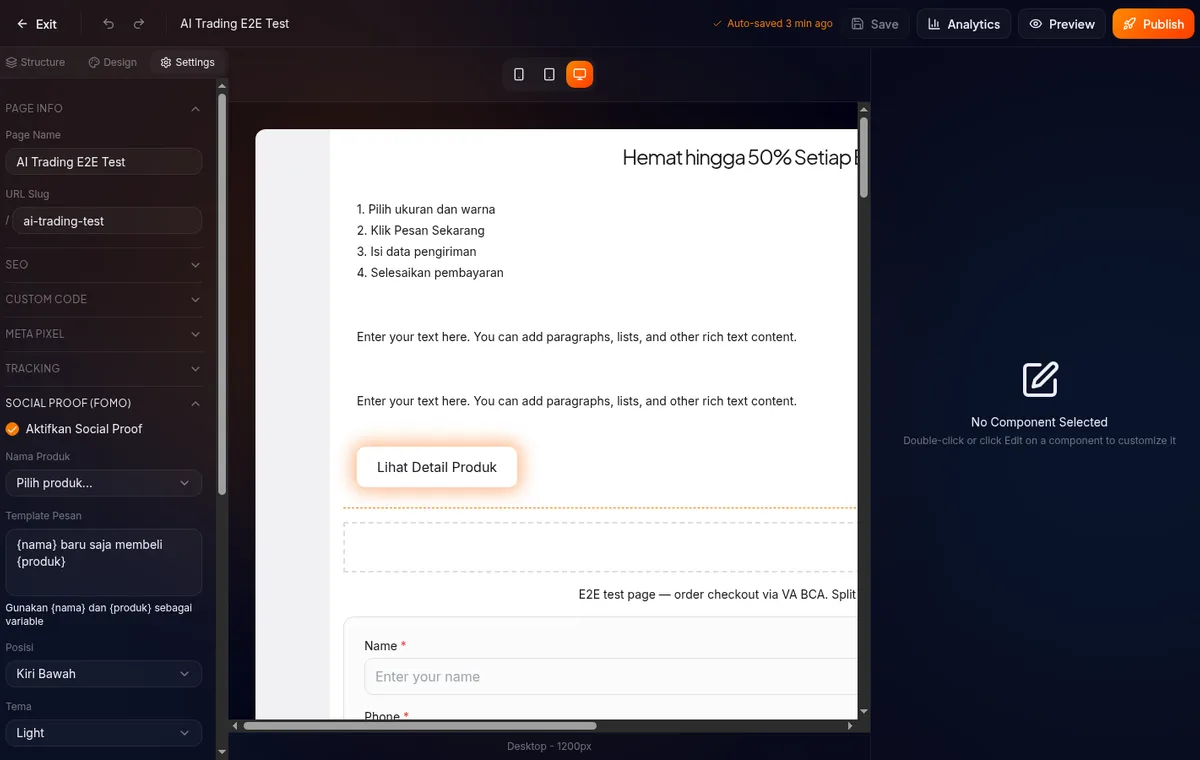 section Social Proof di tab Settings — toggle Enable, dropdown Position (Bottom Left/Right), input template text, Theme (Light/Dark), interval setting