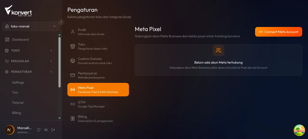 Halaman pengaturan Meta Pixel di Konvert