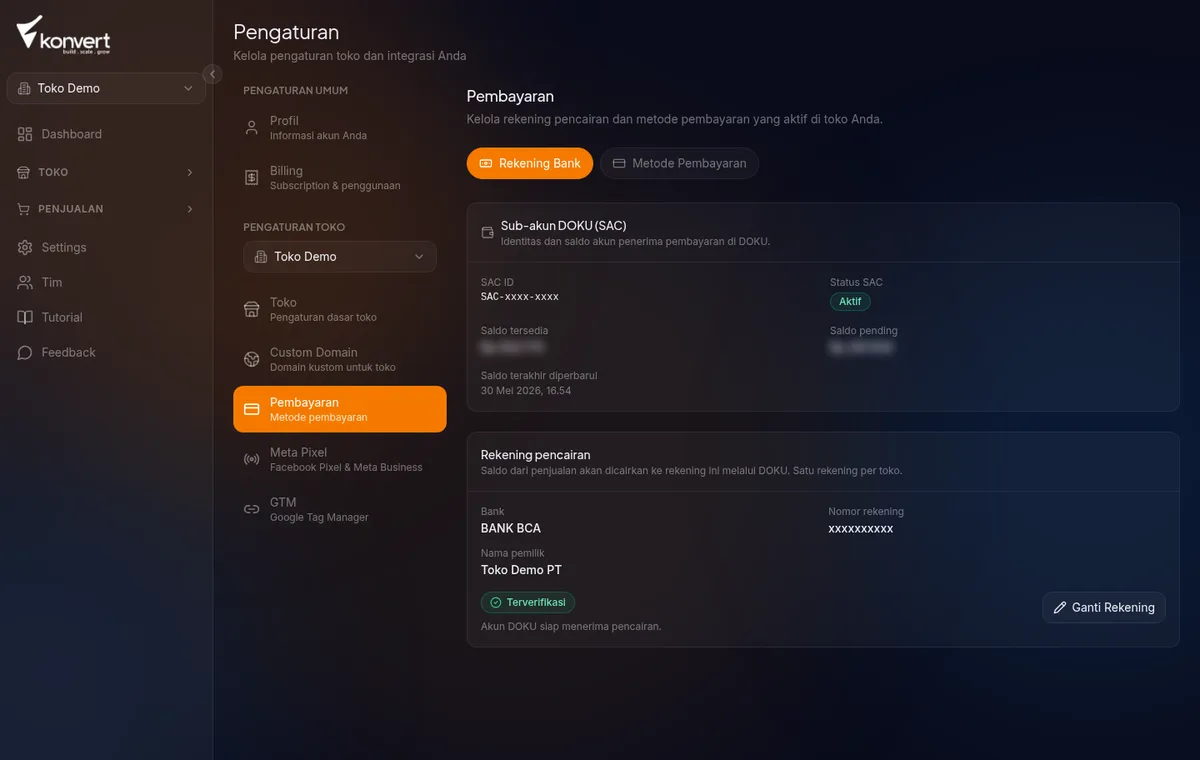 Card Rekening pencairan di halaman Settings → Pembayaran — menampilkan badge status verifikasi rekening (Terverifikasi / pending / rejected) dan informasi rekening yang terdaftar